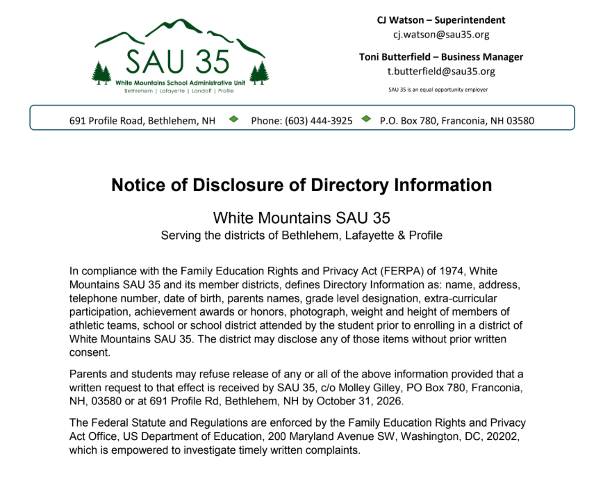 Notice of Disclosure of Directory Information